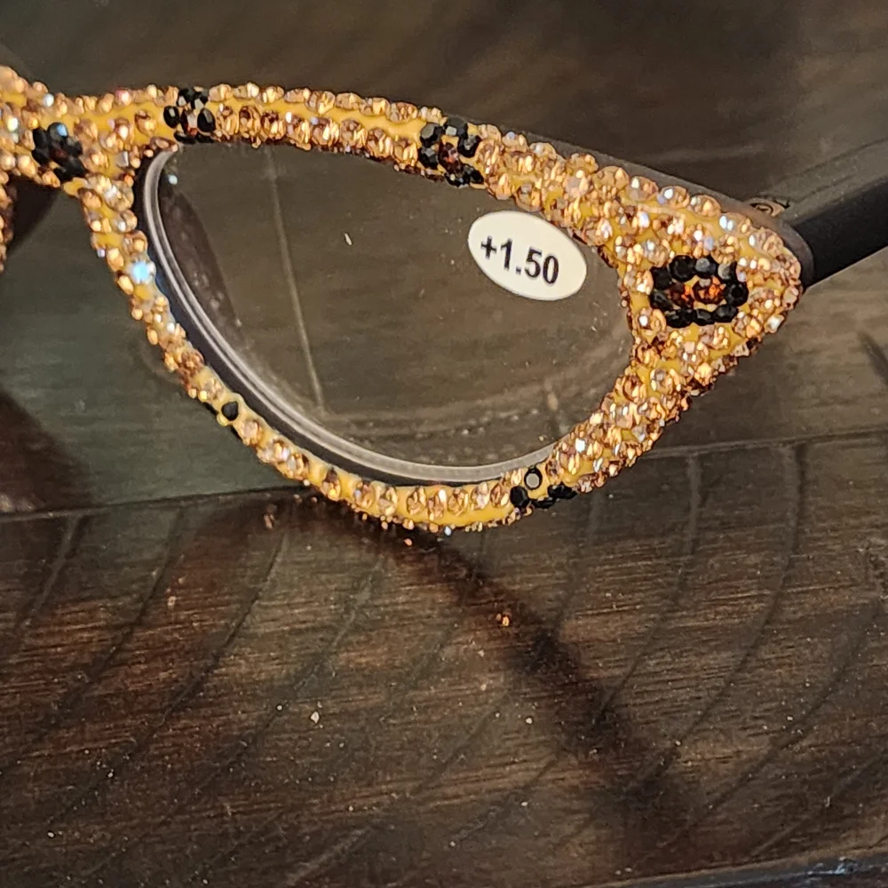 Women's Bling Cat Eye Readers Brown Rhinestones AB Reading Glasses Black +1.50